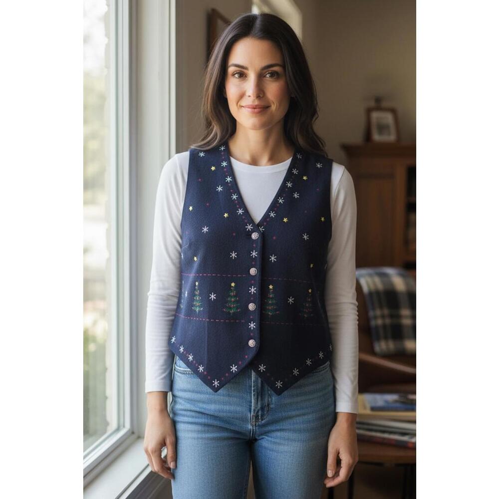 Karen Scott II Navy‎ Blue Embroidered Christmas Vest Size 1X
